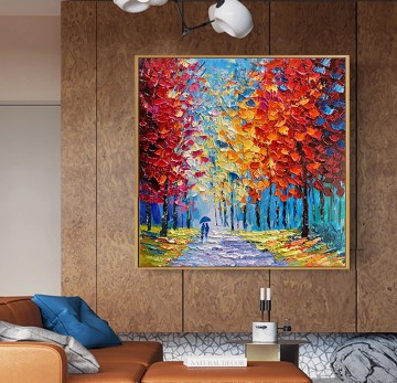150の主題の芸術作品 Painting - カップルの森の秋 by パレットナイフ